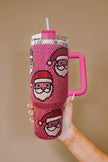 Rose Red Christmas Santa Claus Diamond Thermos Cup with Straw