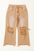 Brown Distressed Hollow-out High Waist Cropped Flare Jeans