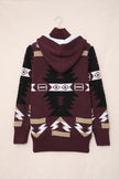 Wine Retro Jacquard Pattern Buttoned Front Hooded Sweater