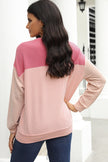 Pink Color Block Long Sleeve Ribbed Loose Top