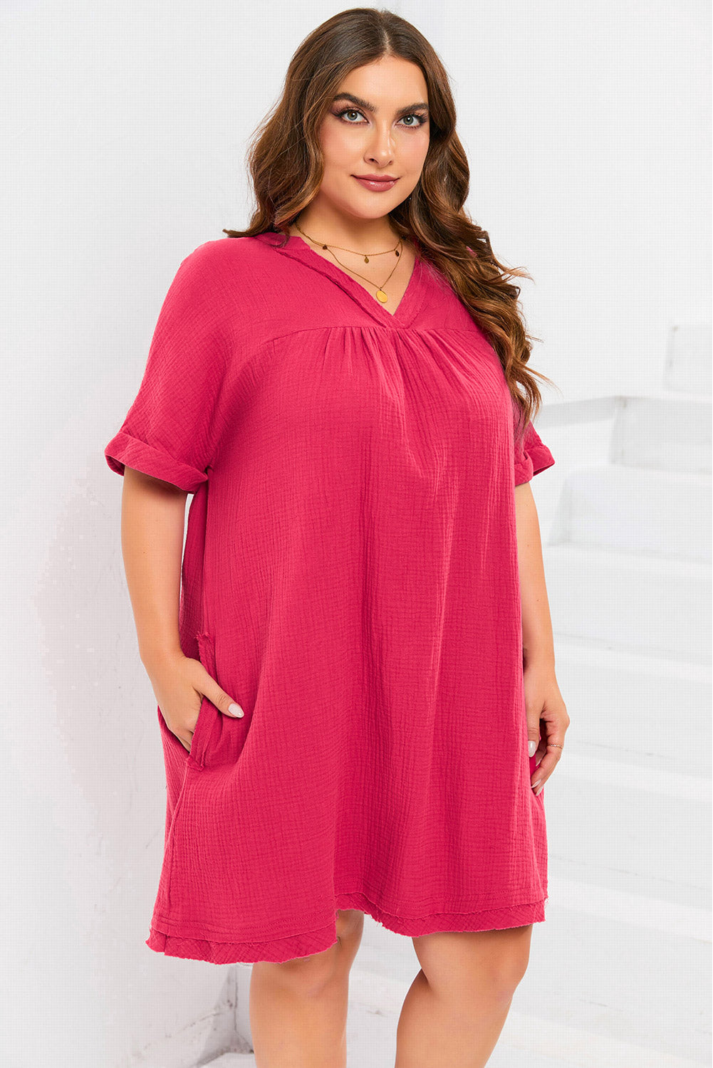 Rose Plus Size Ruched V Neck Pocket Short Sleeves Mini Dress