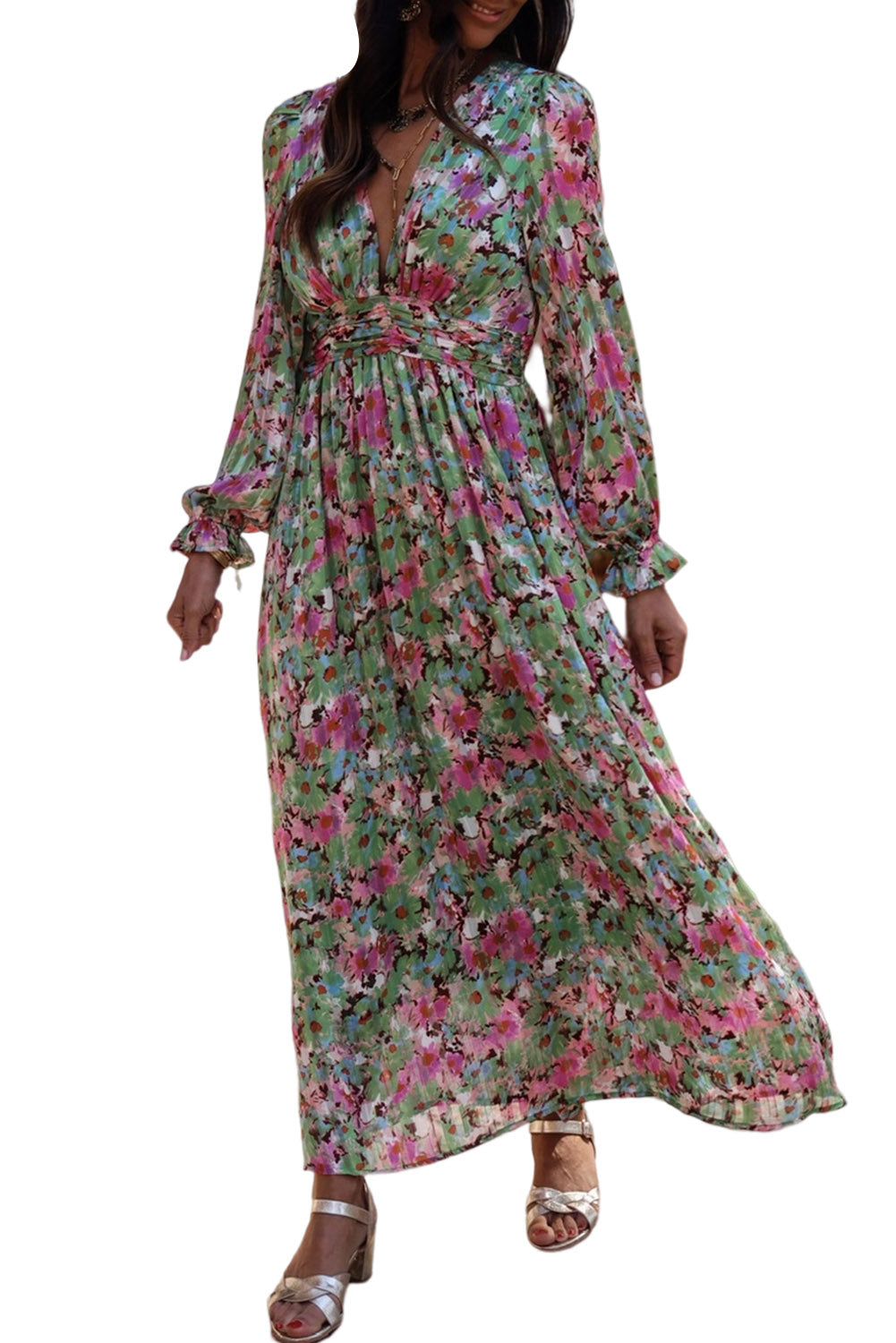 Green Floral Print Deep V Neck Ruched Cinched Waist Maxi Dress