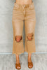 Brown Distressed Hollow-out High Waist Cropped Flare Jeans