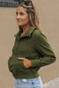 Green Zip Up Stand Collar Ribbed Thumbhole Sleeve Sweatshirt