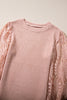 Peach Blossom Sunflower Mesh Bubble Sleeve Waffle Knit Top