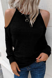 Black Marble Knit Cold Shoulder Long Sleeve Top