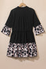 Black Leopard Trim V Neck Ruffled Sleeve Flared Dress