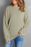 Green Solid Ribbed Knit Round Neck Pullover Sweatshirt