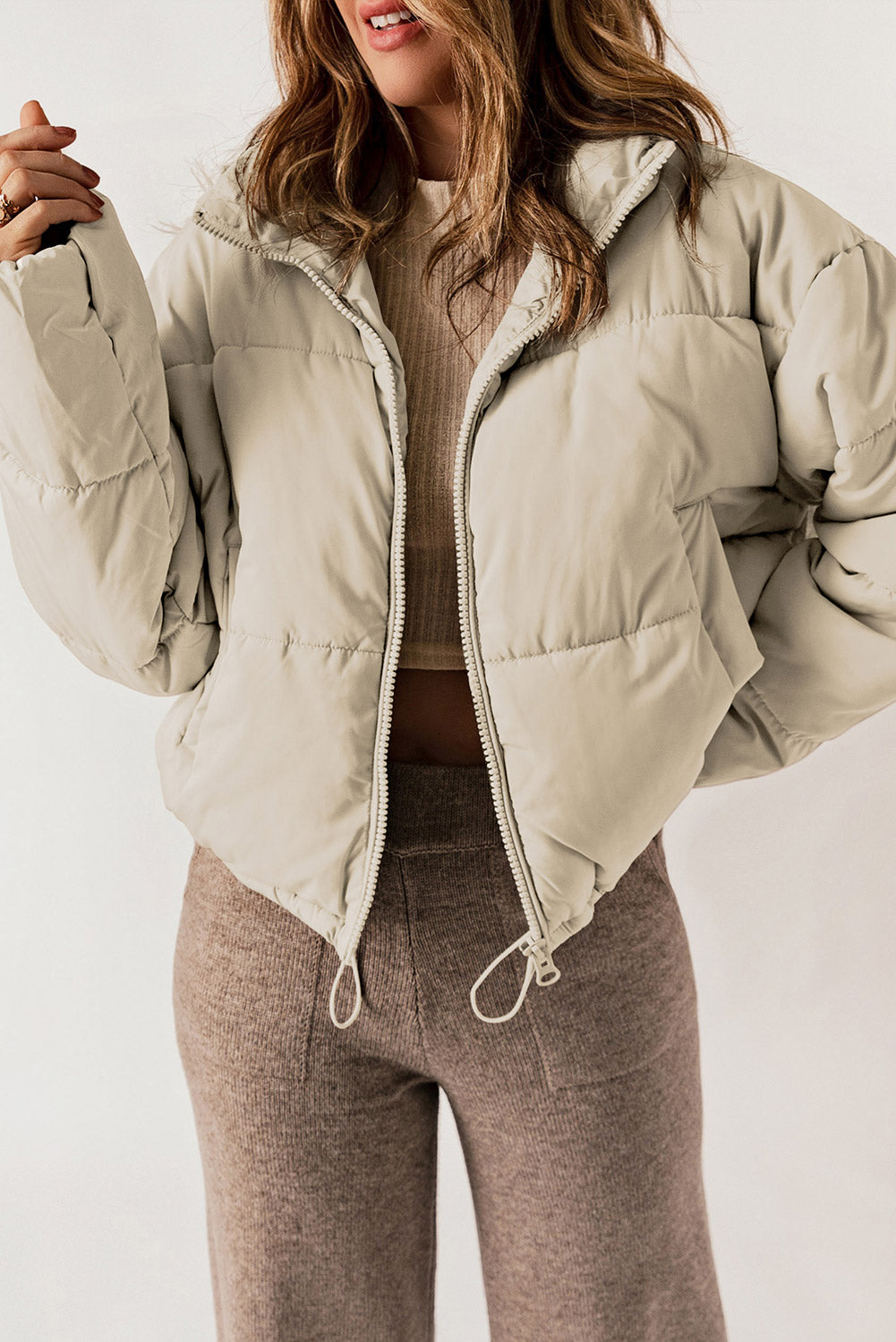 Apricot Zip Up Drawstring Hem Puffer Coat