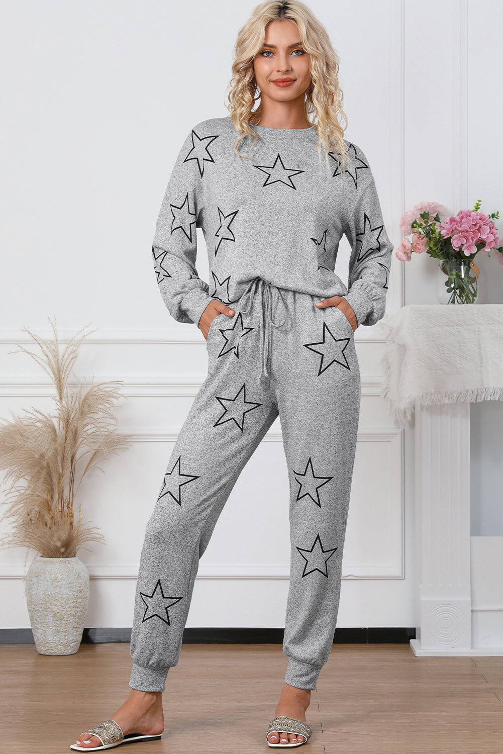 Gray Stars Print Long Sleeve Drawstring High Waist Lounge Set