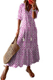 Pink V Neck Casual Geometric Print Maxi Dress