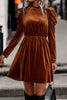 Chestnut Velvet Frilled Neck Gigot Sleeve Swing Dress