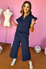 Navy Blue Textured Flutter Sleeve Top Wide Leg Pants Set