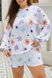 White Plus Size Flower Print Raglan Pullover and Shorts Outfit