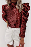 Burgundy Sequin Mock Neck Bubble Sleeve Top