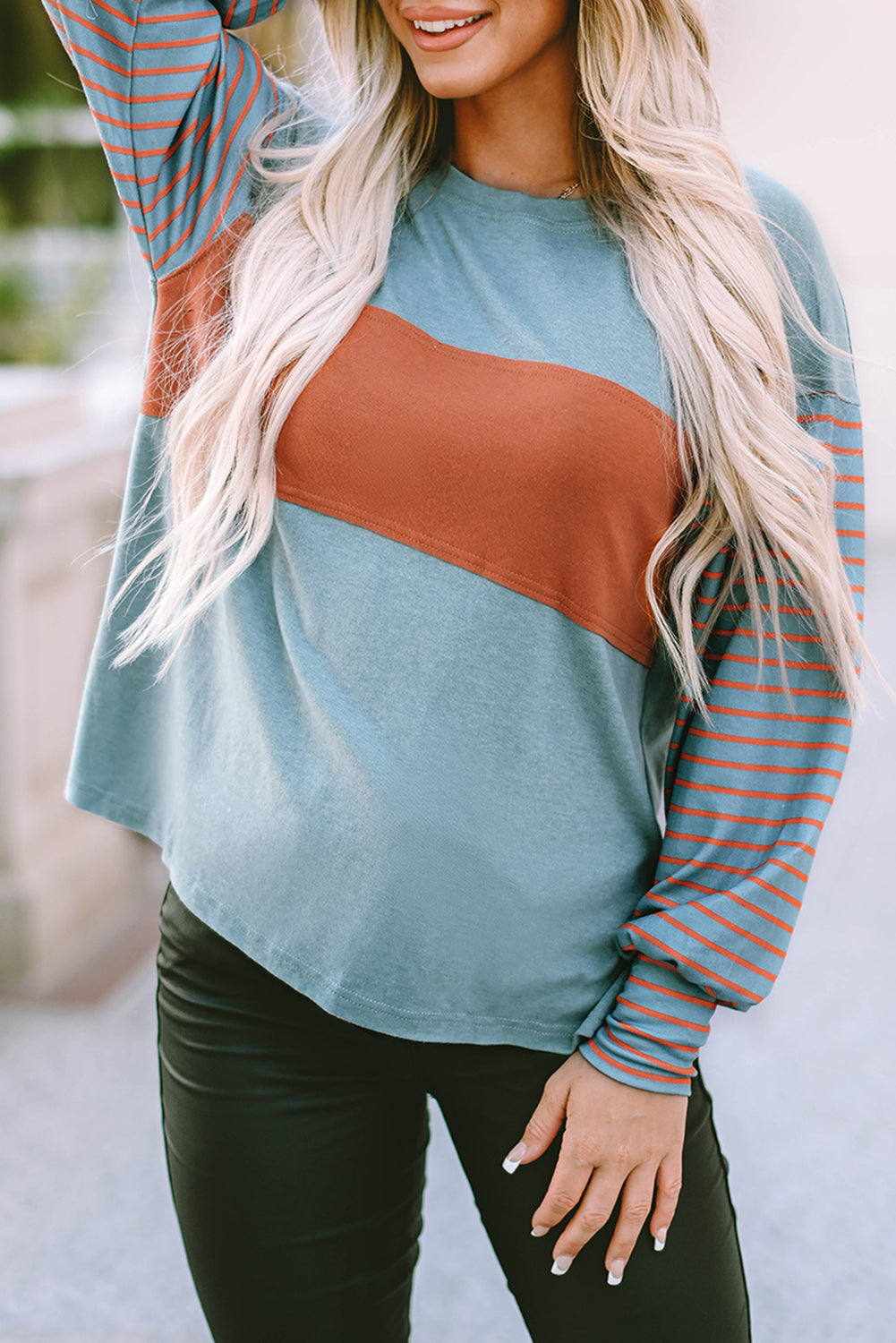 Green Colorblock Striped Bishop Sleeve Top