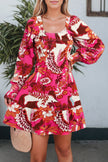 Rose Floral Print Smocked Square Neck Bubble Sleeve Dress