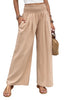 Khaki Smocked Wide Waistband High Waist Wide Leg Pants