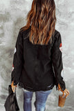 Black Sequined Santa Claus Graphic Frayed Denim Jacket