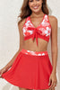 Fiery Red 3pcs Printed Crossed Top and A-line Skirt Bikini Set