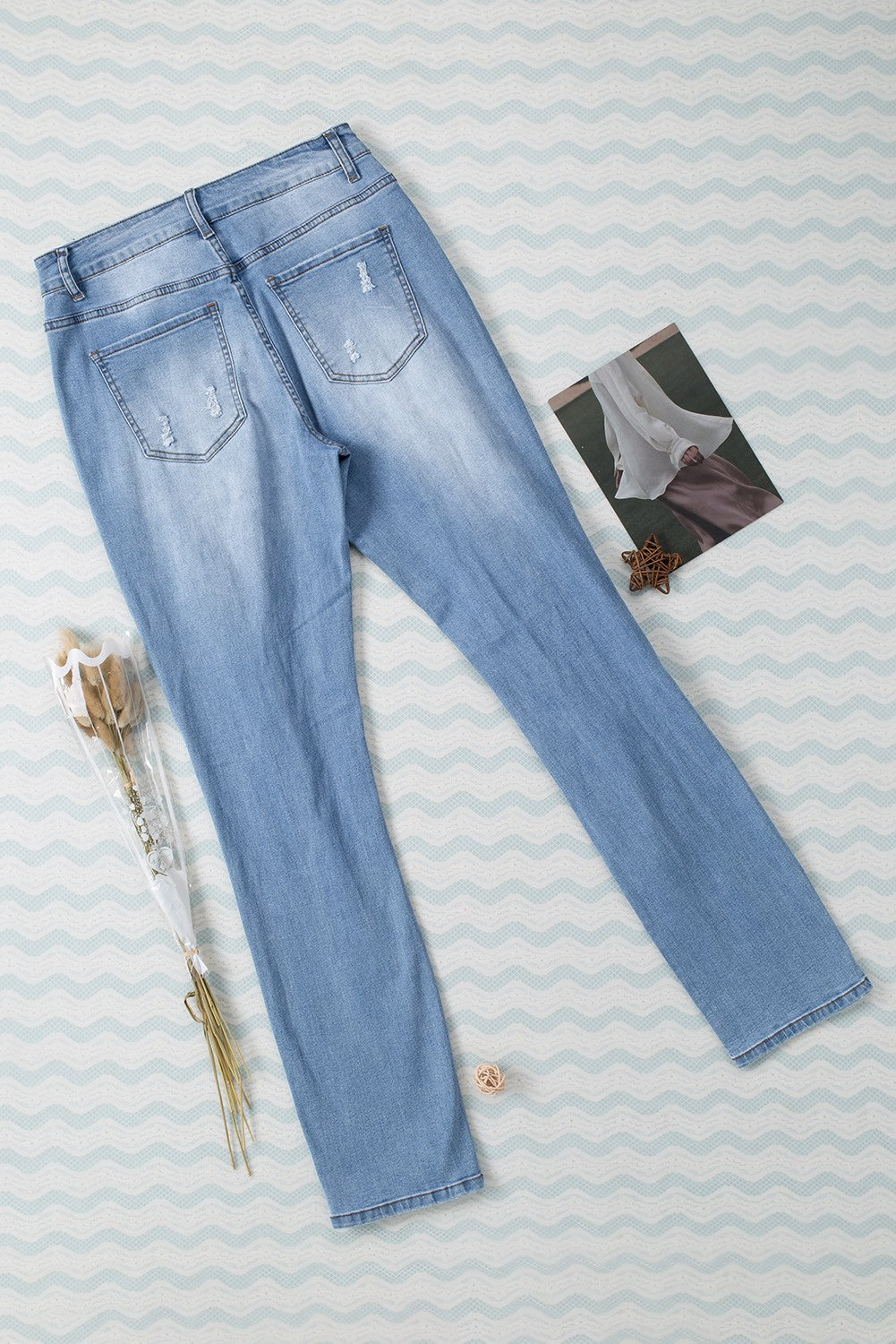 Sky Blue Buttoned Pockets Distressed Jeans