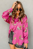 Rose Cheetah Animal Print Button Up Satin Shirt