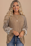 Light French Beige Floral Striped Patchwork Loose Long Sleeve Top