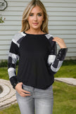 Black Sequin Plaid Patchwork Raglan Sleeve Top