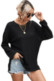 Black Waffle Knit High Slits Oversized Top