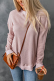 Pink Crew Neck Ribbed Trim Waffle Knit Top