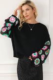 Black Floral Crochet Bell Sleeve Loose Sweater