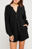 Black Brushed Ribbed Button Split V Neck Long Sleeve Romper