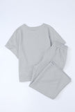 Gray Textured Loose Fit T Shirt and Drawstring Pants Set