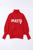 Red Merry Letter Embroidered High Neck Sweater