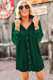 Green Long Sleeve Ruffle Velvet Button Up Dress