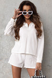 White Ribbed Zipper Sweatshirt and High Waist Shorts Set