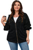 Black Plus Size Bishop Sleeve Zip Up Hooded Jacket