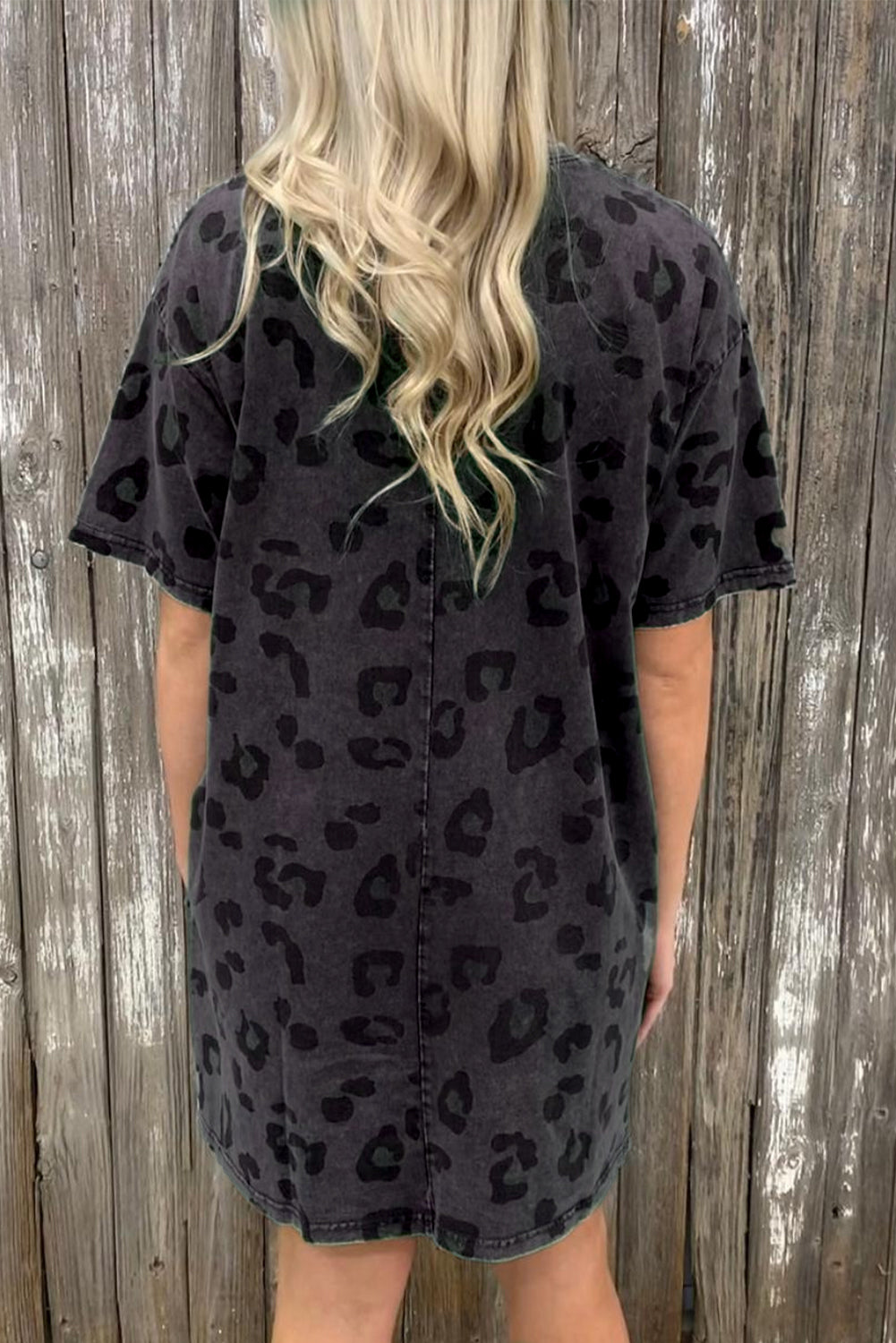 Gray Vintage Washed Leopard T-Shirt Dress with Pockets