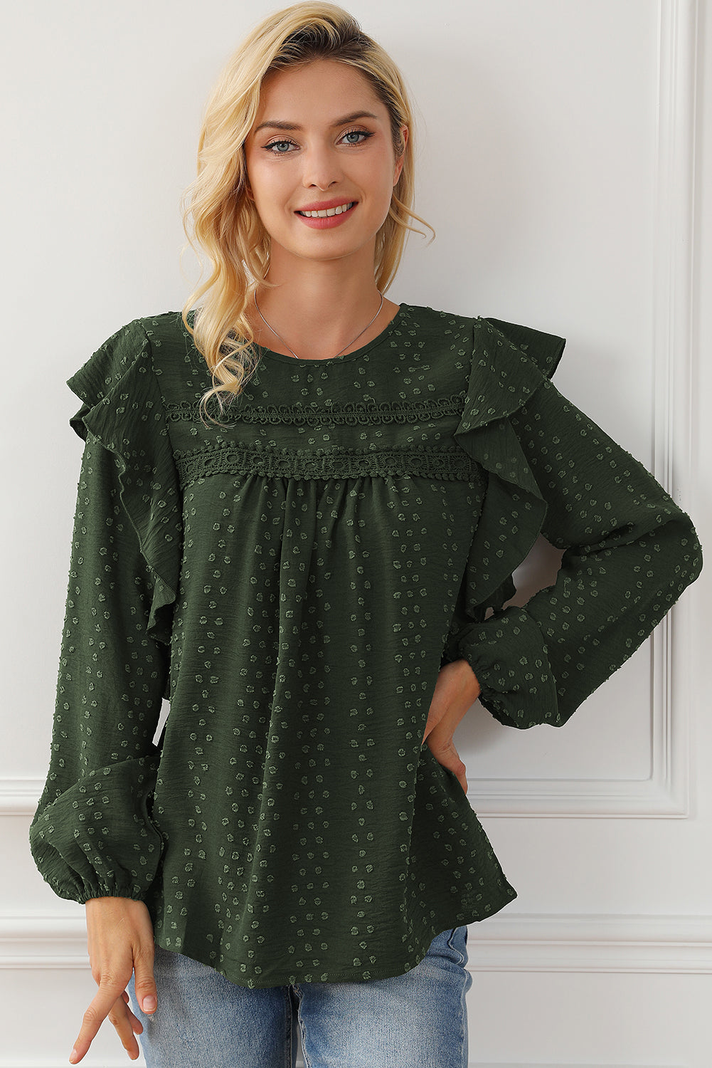 Blackish Green Lace Eyelet Ruffle Shoulder Long Sleeve Blouse