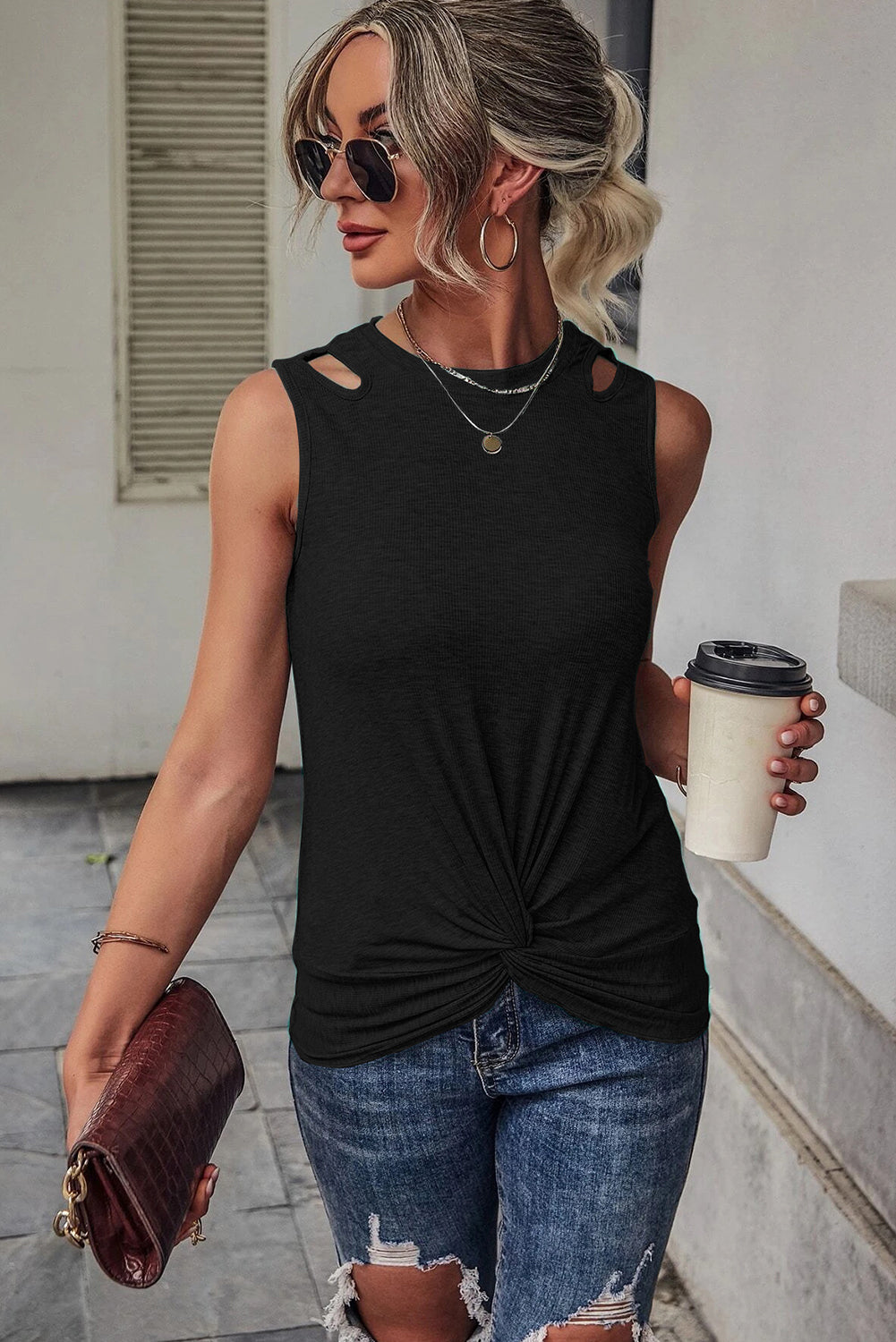 Black Rib Knit Cut-out Front Twist Tank Top