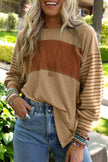 Light French Beige Colorblock Striped Bishop Sleeve Top