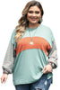 Green Plus Size Striped Long Sleeve Colorblock Tee with Slits