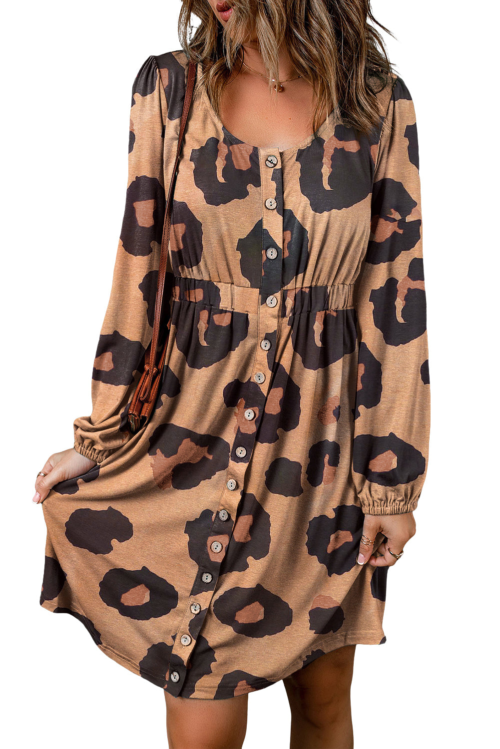 Leopard Print Button Front Bubble Sleeve Loose Knit Dress