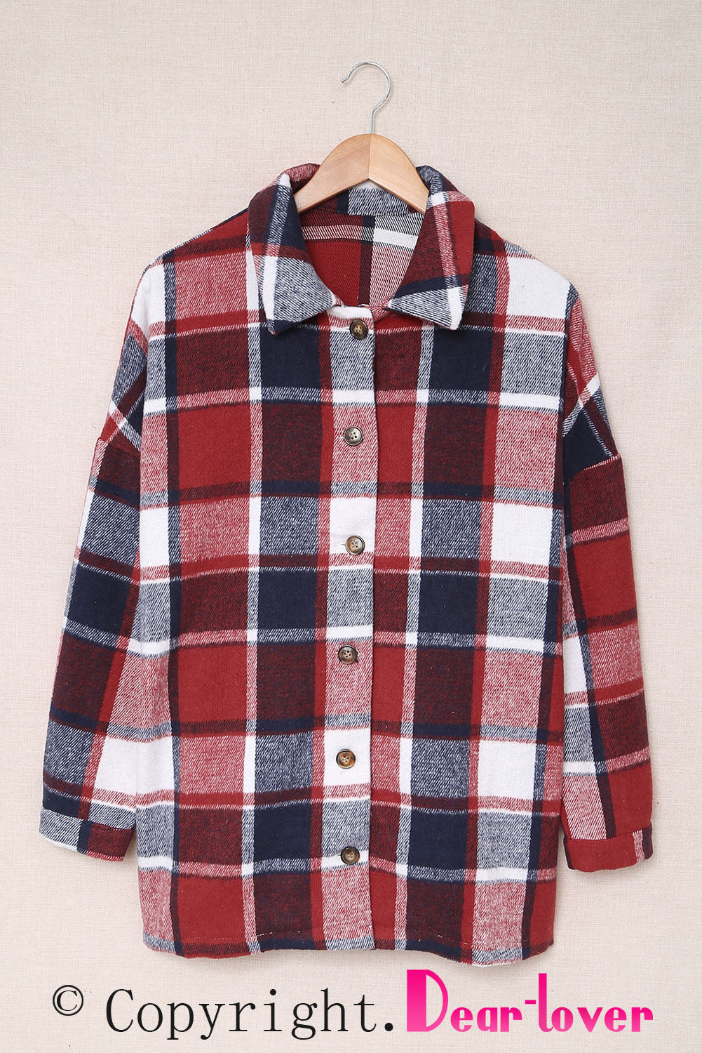 Red Plaid Print Buttoned Shirt Jacket