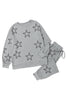 Gray Stars Print Long Sleeve Drawstring High Waist Lounge Set