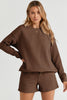 Brown Textured Long Sleeve Top and Drawstring Shorts Set