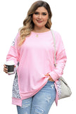 Pink Exposed Seam Leopard Splicing Plus Size Sweatshirt