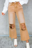 Brown Distressed Hollow-out High Waist Cropped Flare Jeans