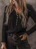 Black Buttoned V Neck Long Sleeve Ribbed Top