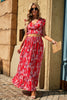 Fiery Red Multicolor Floral Ruffled Crop Top and Maxi Skirt Set